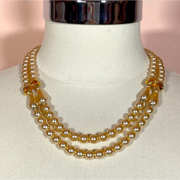 Vintage GLASS Faux Pearl Coquette Girl Femme Bow Ribbon BalletCore Necklace - Picture 1 of 7